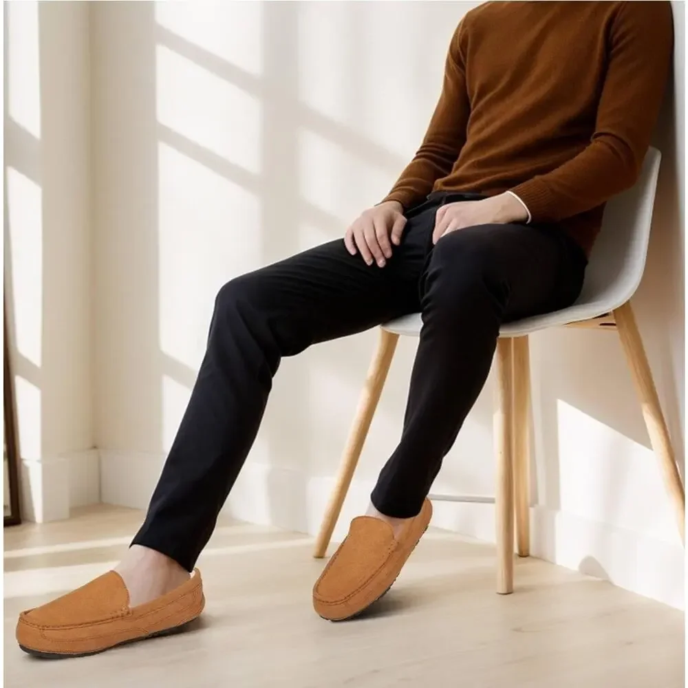 Cuiapl Mens Moccasin Slippers Tan Brown Suede Warm Fur Lined House Loafers Size